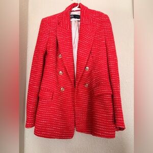 Zara Red Textured Blazer with Gold Buttons